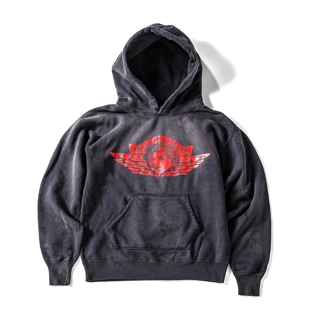 SAINT Mxxxxxx ANGEL HOODIE/BLK Angel Rebirth Crack Printed Retro Distressed Hoodie Assute dyeing, full-length spray-on fade, heavy fermentation wash, NEW VINTAGE texture, factory four-needle and six-thread workmanship, boneless patchwork, more comfortable to wear, genuine level crack print/accessories restored
